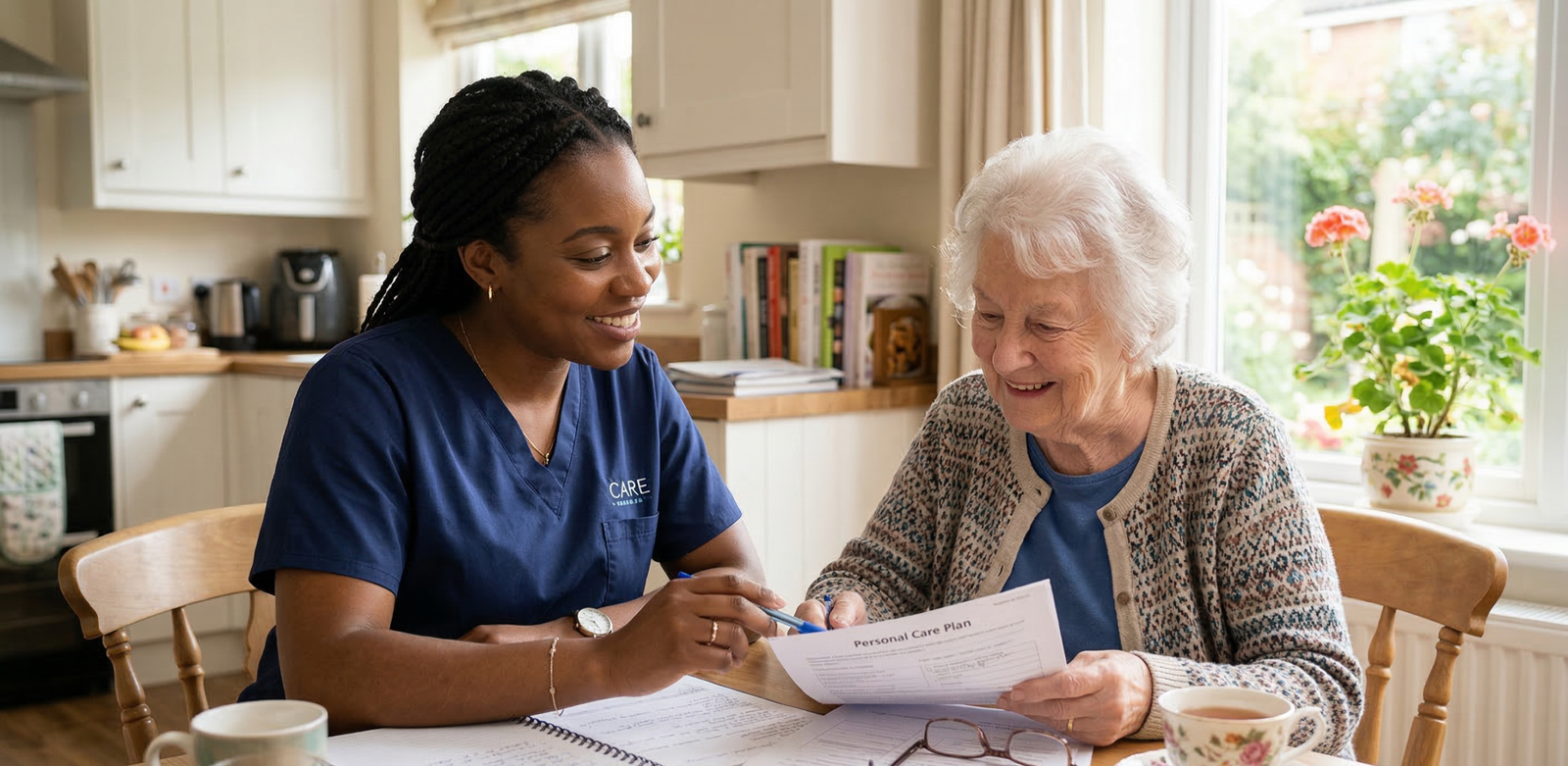caregiver going over numbers with a client